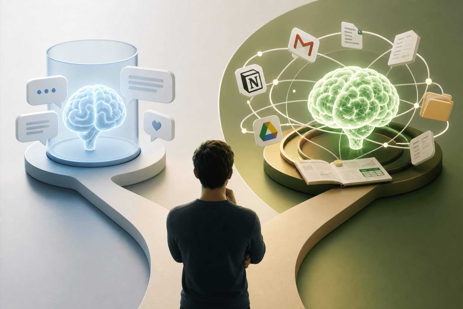 A conversational memory and a source-connected work memory shown as two paths
